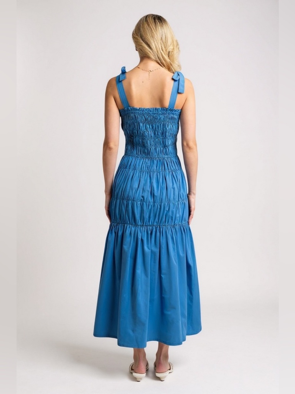 Blue Smocked Tiered Maxi Dress with Shoulder Tie - Picture 4 of 6